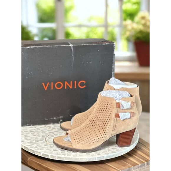 Vionic Aloft Chryssa Orthotic Booties Women’s 9.5 Peep Toe Block Heel Shoes - Picture 3 of 13